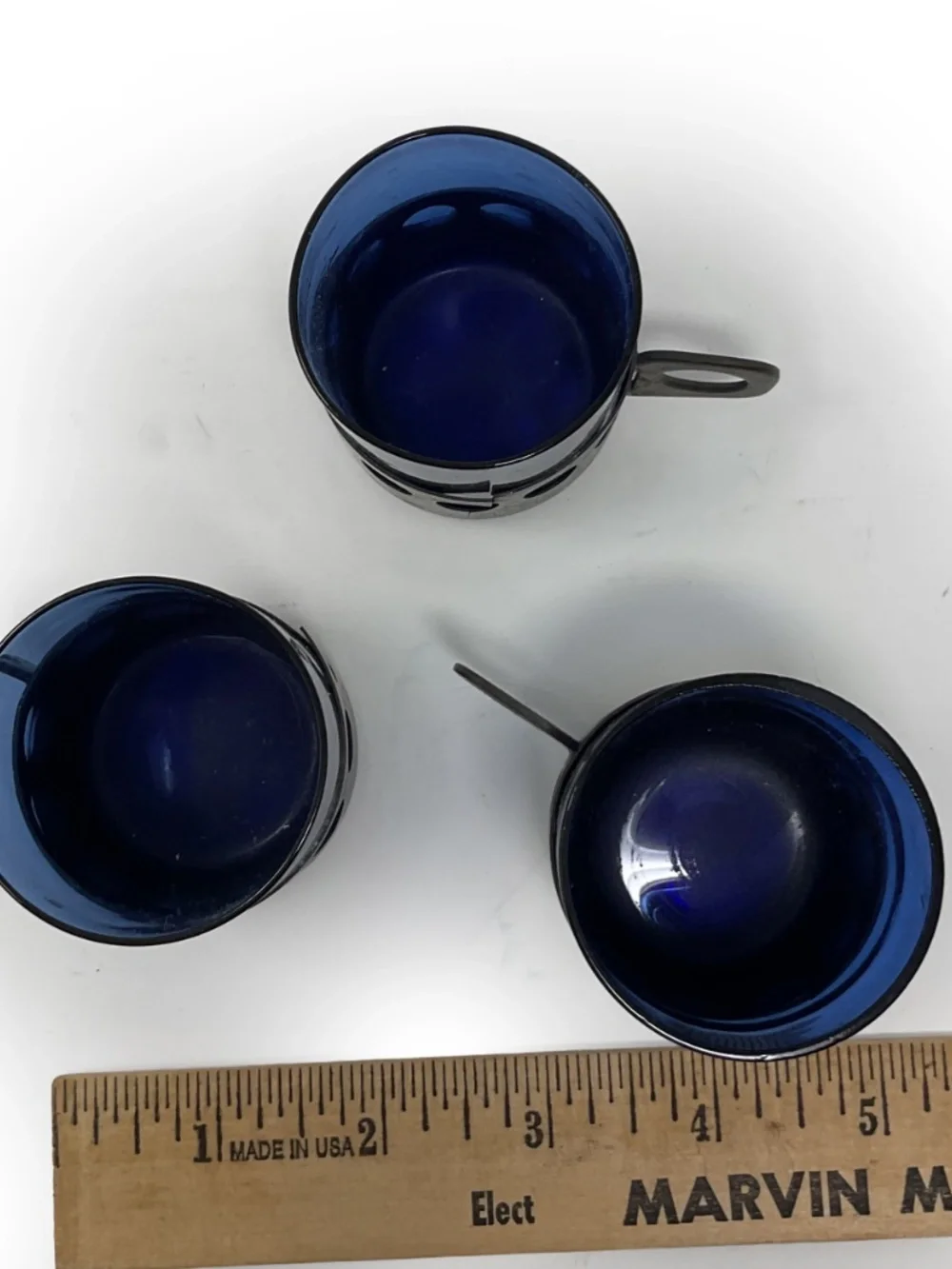 Rare set of 3 vintage mid-century modern cobalt blue glass mugs in metal cages